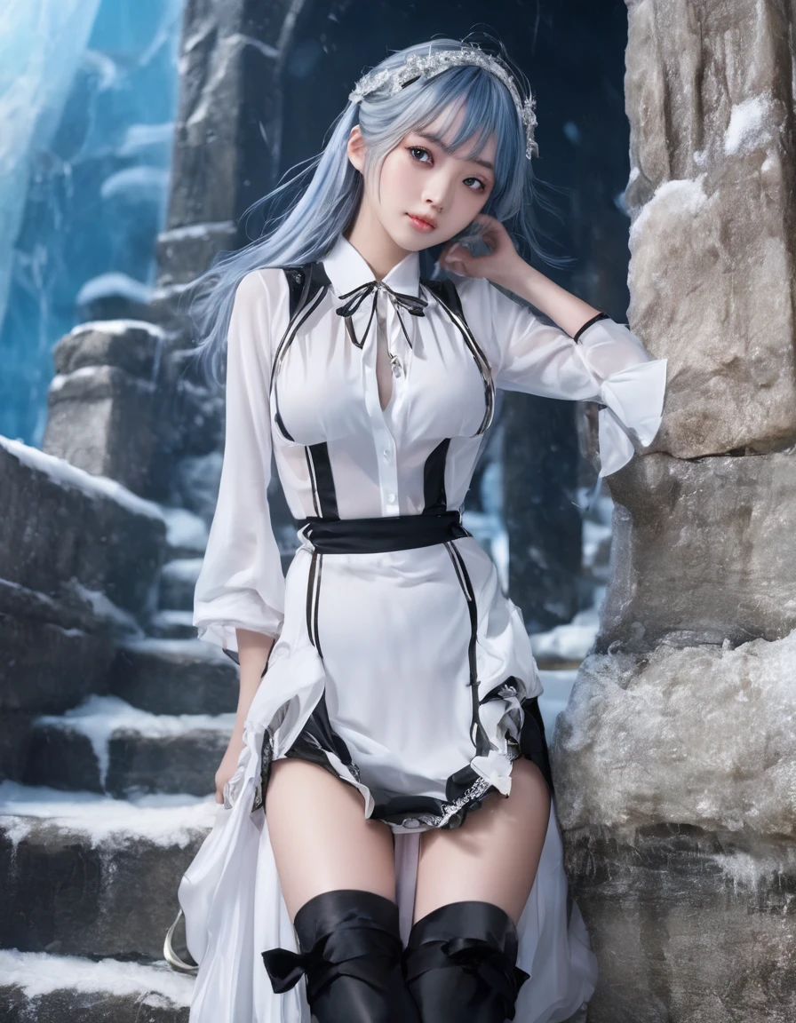 A beautiful woman around 25 years old, with 400-fold silver long hair that reaches down to the knees, a black ribbon tied next to the ear, hair that is neck-length on the sides, beautiful white skin, natural bangs, thin silver eyebrows, red eye in the right eye, a silver three-prong necklace, blue eye in the left eye, a glamorous figure, a blouse with a white collar, a black maid outfit that is open to the chest and has black short sleeves and three tiers of frills that reach the knees, three black ribbons vertically on the maid outfit, black arm covers, white stripes 5cm apart horizontally on the arm covers, the skin on the arms can be seen through the gaps, black long boots that reach up to the knees, two gold lines around the calves of the boots, the style of the demon lord Luminas from That Time I Got Reincarnated as a Slime, high definition, 8k image, background is inside an ice castle, please create an AI image prompt in English within 500 characters.