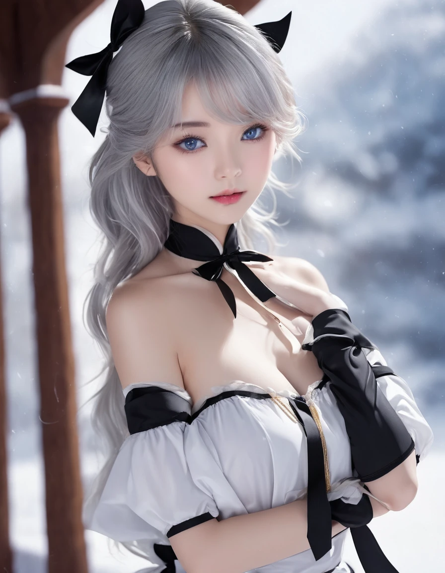 A beautiful woman around 25 years old, with 400-fold silver long hair that reaches down to the knees, a black ribbon tied next to the ear, hair that is neck-length on the sides, beautiful white skin, natural bangs, thin silver eyebrows, red eye in the right eye, a silver three-prong necklace, blue eye in the left eye, a glamorous figure, a blouse with a white collar, a black maid outfit that is open to the chest and has black short sleeves and three tiers of frills that reach the knees, three black ribbons vertically on the maid outfit, black arm covers, white stripes 5cm apart horizontally on the arm covers, the skin on the arms can be seen through the gaps, black long boots that reach up to the knees, two gold lines around the calves of the boots, the style of the demon lord Luminas from That Time I Got Reincarnated as a Slime, high definition, 8k image, background is inside an ice castle, please create an AI image prompt in English within 500 characters.