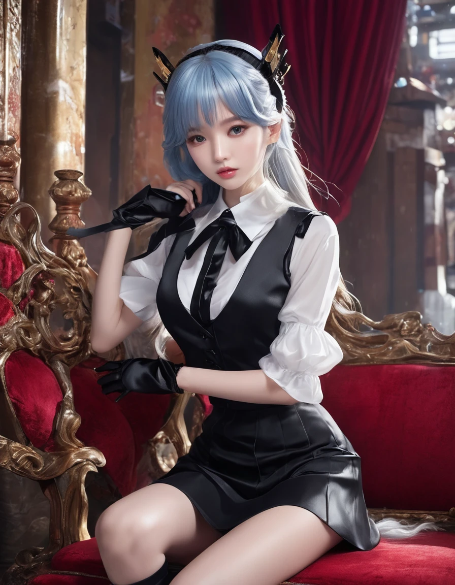 A beautiful woman around 25 years old, with 400-fold silver long hair that reaches down to the knees, a black ribbon tied next to the ear, hair that is neck-length on the sides, beautiful white skin, natural bangs, thin silver eyebrows, red eye in the right eye, a silver three-prong necklace, blue eye in the left eye, a glamorous figure, a blouse with a white collar, a black maid outfit that is open to the chest and has black short sleeves and three tiers of frills that reach the knees, three black ribbons vertically on the maid outfit, black arm covers, white stripes 5cm apart horizontally on the arm covers, the skin on the arms can be seen through the gaps, black long boots that reach up to the knees, two gold lines around the calves of the boots, the style of the demon lord Luminas from That Time I Got Reincarnated as a Slime, high definition, 8k image, background is inside an ice castle, please create an AI image prompt in English within 500 characters.