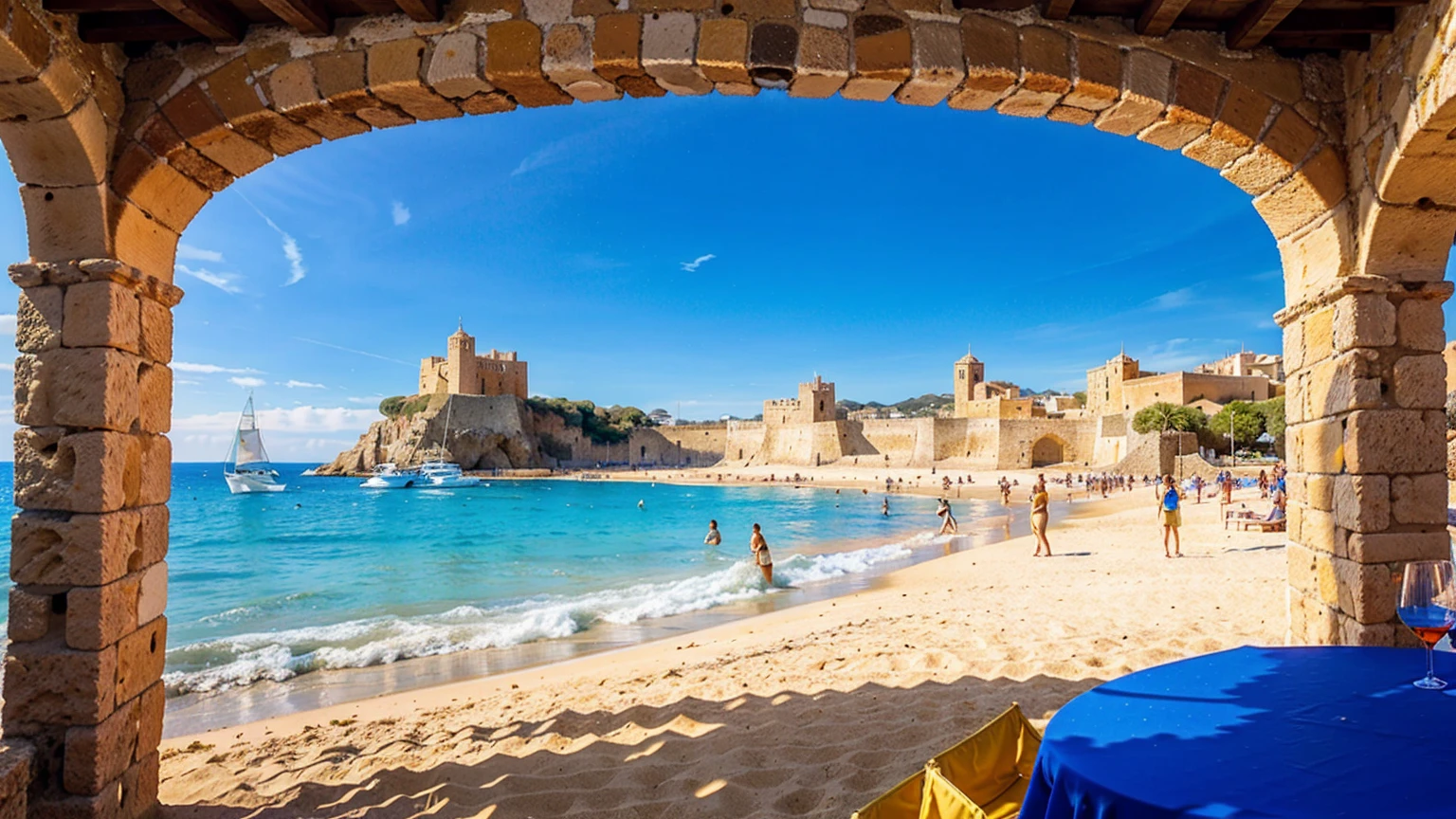 a detailed landscape of Castell de Eivissa beach in Ibiza, Spain, with clear blue water, yachts and boats in the background, intricate architecture, people enjoying the vibrant atmosphere, masterpiece, photorealistic, ultra-detailed, cinematic lighting, vibrant colors, golden hour