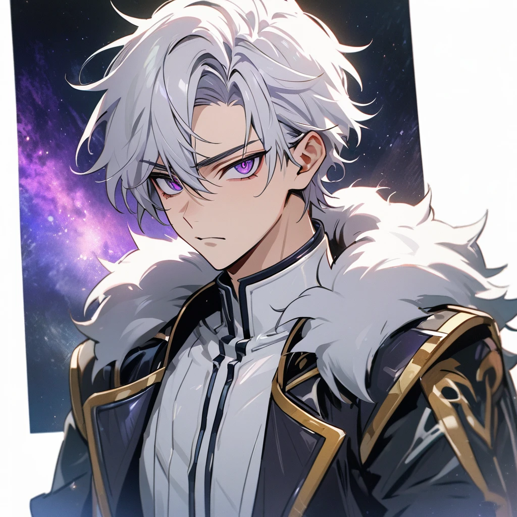 High quality, HD, 4k, handsome male, 1male, 17 years old, teenager, golden lining, short white hair, sharp eyes, dark purple eyes, deep purple eyes, devil may cry, close up, calm expression, stoic expression, black leather clothes, white leather clothing, lean body, upper body, looking at viewer, cowboy shot, white solar, space background