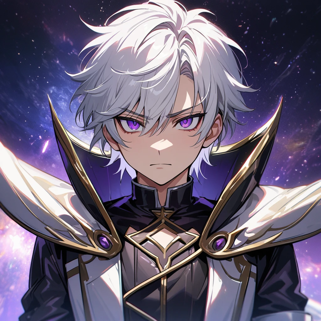 High quality, HD, 4k, handsome male, 1male, 17 years old, teenager, golden lining, short white hair, sharp eyes, dark purple eyes, deep purple eyes, devil may cry, close up, calm expression, stoic expression, black leather clothes, white leather clothing, lean body, upper body, looking at viewer, cowboy shot, white solar, space background
