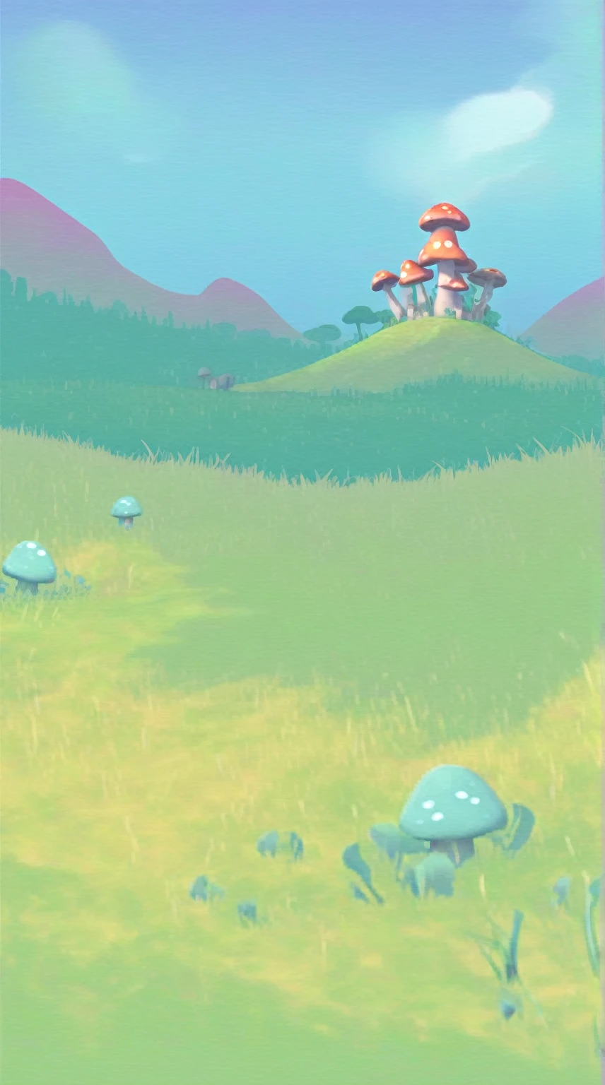 there is a cartoon of a mushroom in the middle of a field, arte de fundo, arte de fundowork, magical battlefield background, The background is hazy, mobile fundo do jogo, rainbow, fundo de aldeia distante, videofundo do jogo, inspirado em Goro Fujita, kingdom of light scenery, fundo do jogo, reino dos cogumelos, Cabana de cogumelo no fundo, floresta de cogumelos, inspirado em Luigi Kasimir