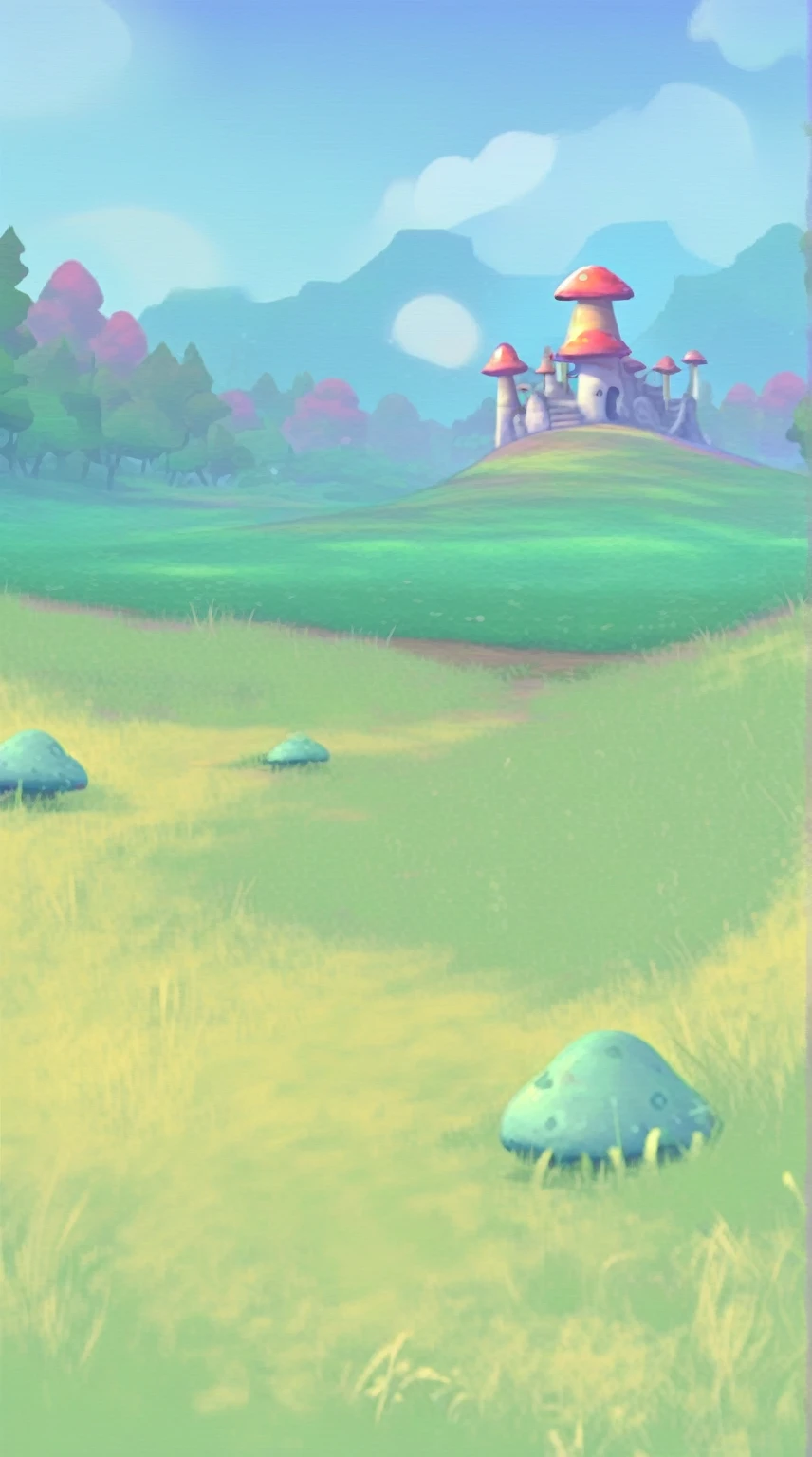 there is a cartoon of a mushroom in the middle of a field, arte de fundo, arte de fundowork, magical battlefield background, The background is hazy, mobile fundo do jogo, rainbow, fundo de aldeia distante, videofundo do jogo, inspirado em Goro Fujita, kingdom of light scenery, fundo do jogo, reino dos cogumelos, Cabana de cogumelo no fundo, floresta de cogumelos, inspirado em Luigi Kasimir