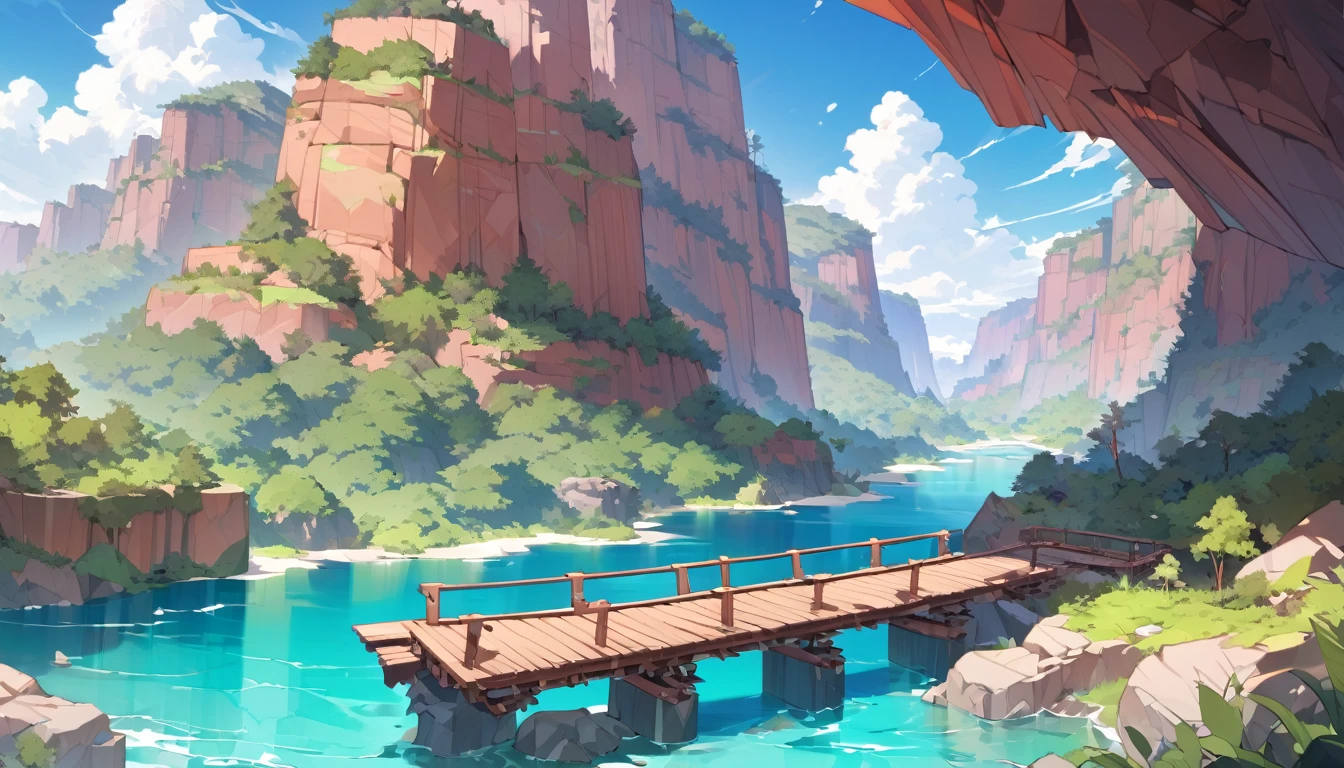 A breathtaking vista showcasing the vastness of the Copper Canyon. Lush green forests cling to the steep canyon walls, contrasting with the rugged, red rock formations. A crystal-clear turquoise river snakes its way through the bottom, with a traditional wooden bridge spanning across it. Fluffy white clouds drift across a vibrant blue sky, adding a sense of tranquility.