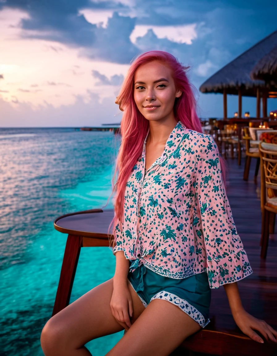 happy young woman, long pink hair, windy hair, (pores:0.5), (goosebumps:0.5), (film grain:0.9). She is wearing a vacation blouse and shorts of the same color, full body photo She is sitting in a (beautiful luxury Maldives resort:1.1) (terrace:1.1) with (oceanside tiki bar:1.1) in the background, (evening:1.1). detailed skin texture, detailed face, long hair