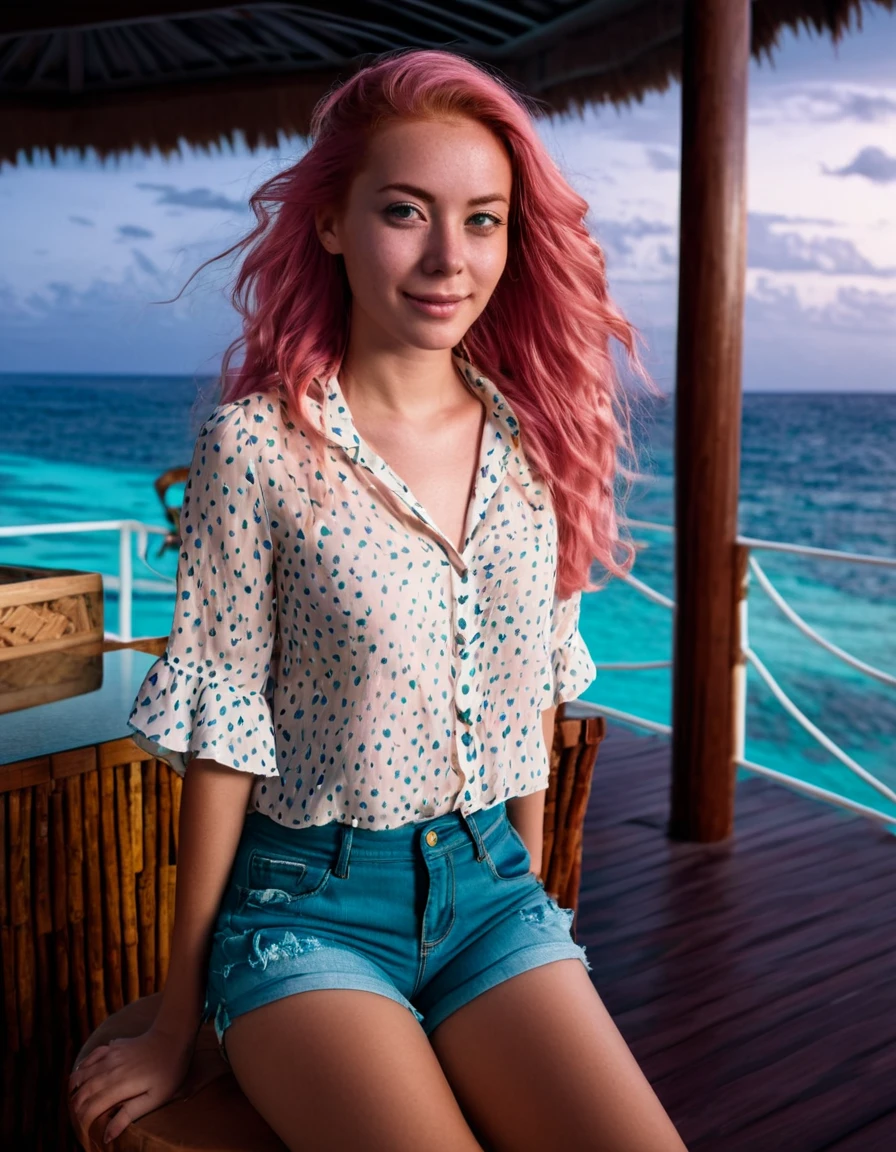 happy young woman, long pink hair, windy hair, (pores:0.5), (goosebumps:0.5), (film grain:0.9). She is wearing a vacation blouse and shorts of the same color, full body photo She is sitting in a (beautiful luxury Maldives resort:1.1) (terrace:1.1) with (oceanside tiki bar:1.1) in the background, (evening:1.1). detailed skin texture, detailed face, long hair