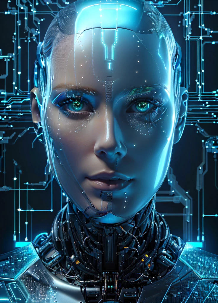 um close up do rosto de uma mulher com um design futurista, portrait of female android, portrait of a female android, female humanoid portrait, uma imagem de um lindo ciborgue, female face of cybernetic machine, robot with human face, detailed face of an android, strong artificial intelligence, perfect cyborg female, female android, ciborgue - garota, mulher ciborgue