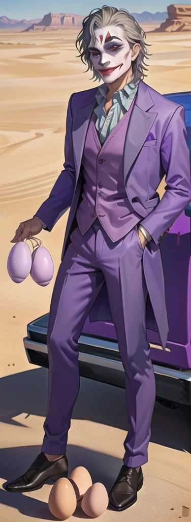 Portrait of a man in his 40s、standing、silver hair、(the joker:1.2)、purple dress , smile , Long body、 、desert background、(holding eggs:1.1) , (purple pickup truck :1.2)