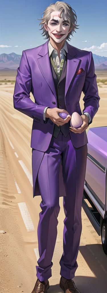 Portrait of a man in his 40s、standing、silver hair、(the joker:1.2)、purple dress , smile , Long body、 、desert background、(holding eggs:1.1) , (purple pickup truck :1.2), (A big snake is behind.:1.2)