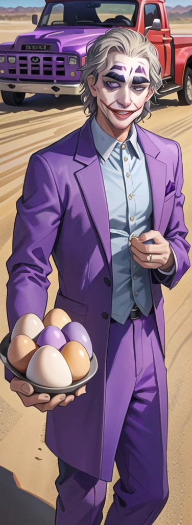 Portrait of a man in his 40s、standing、silver hair、(the joker:1.2)、purple dress , smile , Long body、 、desert background、(holding eggs:1.1) , (purple pickup truck :1.2)