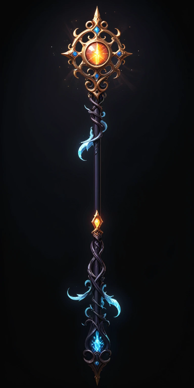 pixel art, cartoon illustration, Divine glavie greatstaff, Powerfull Magical theme, simple black background, RPG game icon 