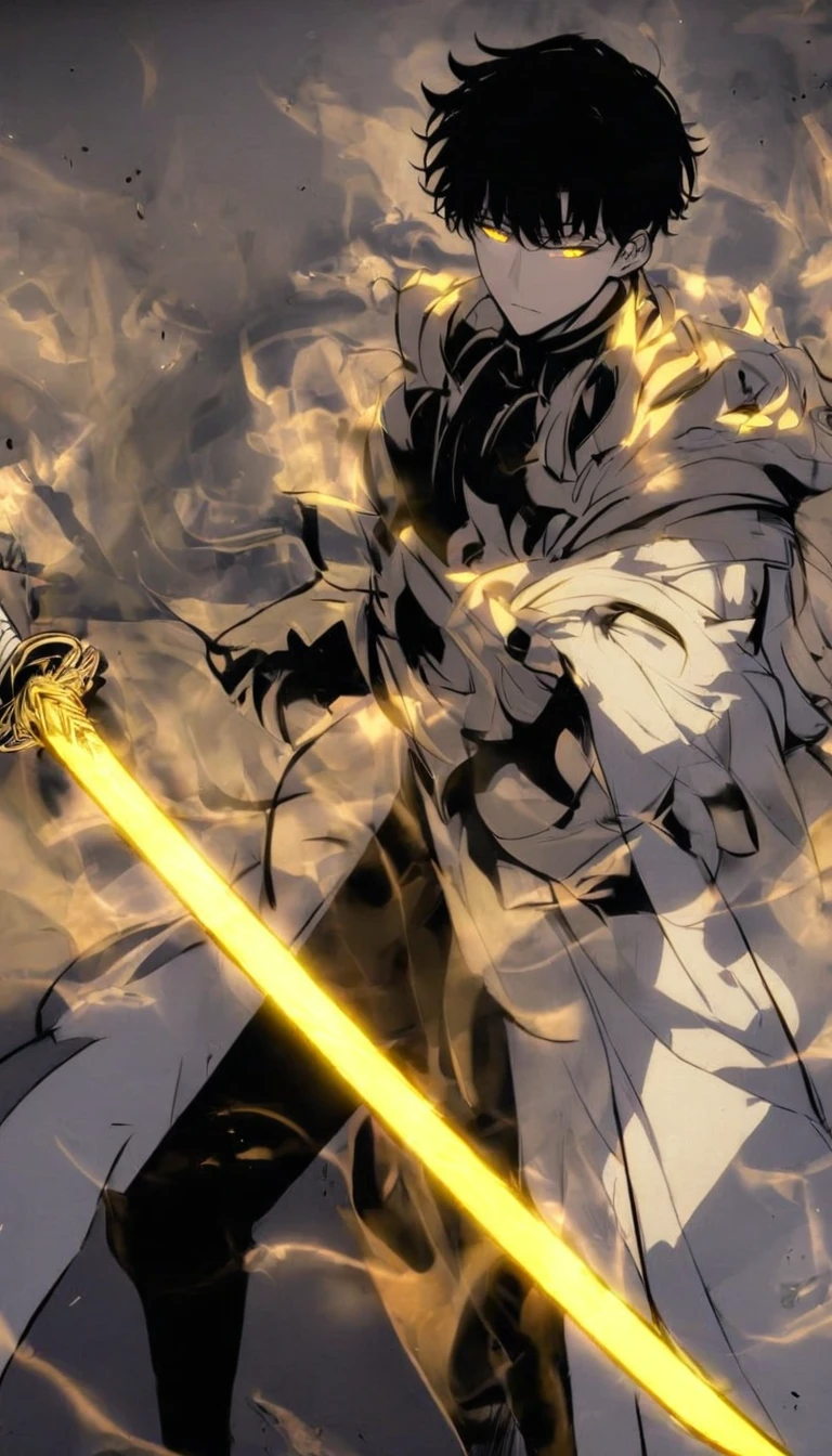 Handsome, alone, male, Short hair, Calm head, black hair, yellow eyes, black shirt, black pants, white coat, white flame, holding a katana in one hand, Holding a sword, The blade glows yellow and white