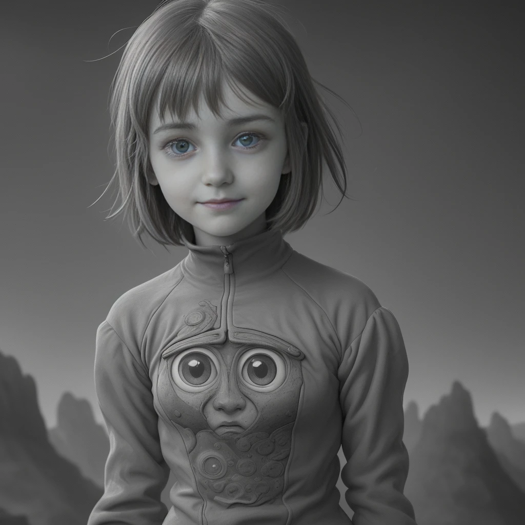 Nausicaä, Valley of the Wind, monochrome, greyscale, a detailed portrait of a single girl, gazing at the viewer with a melancholic smile, captured from the upper body.
