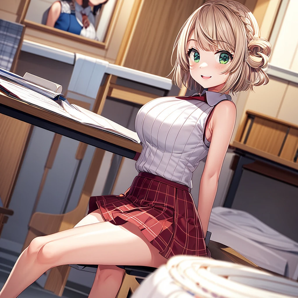 solo、1girl、full-body portraits、sleeveless、sitting down、White-colored skin,Large Breasts,