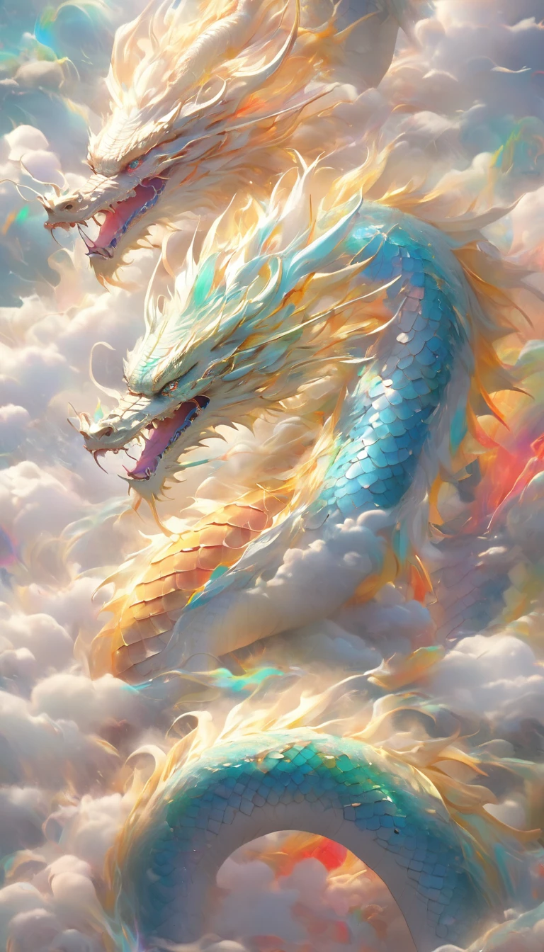 A dragon rises from the sea of clouds、Carrying great happiness、A giant gold and red body、High detail、high resolution、High color rendering、High resolution、Surreal、Realistic、Rainbow-colored、Pastel colored scales