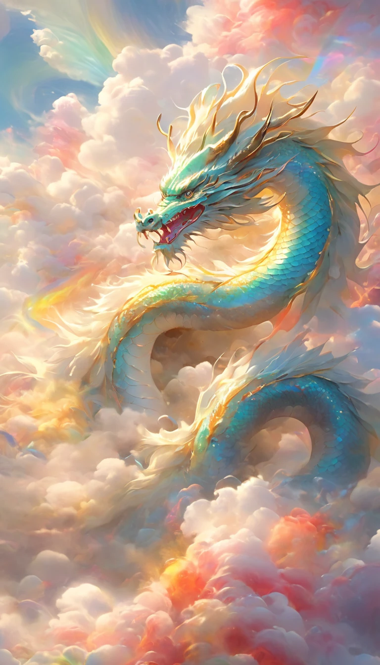 A dragon rises from the sea of clouds、Carrying great happiness、A giant gold and red body、High detail、high resolution、High color rendering、High resolution、Surreal、Realistic、Rainbow-colored、Pastel colored scales