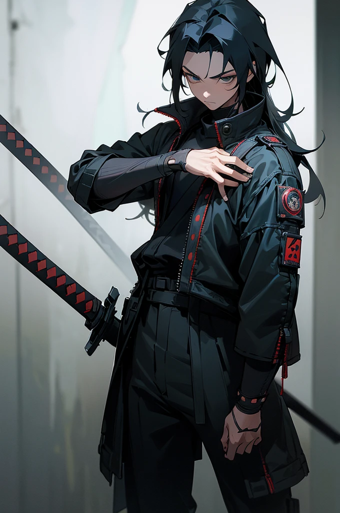 (ultra-detailed, realistic, best quality:1.2), 1boy with long spiky hair wearing samurai hand armor, jacket, and bomber in a modern cybercrime setting. The boy holds a katana in his hand and stands against a void background. The scene is set in a futuristic sci-fi environment with edgy colors and dramatic lighting.