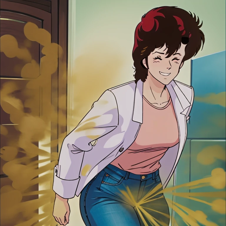 HD, high quality, high resolution, ultrahd,Kaori Makimura, 1female, wearing default outfit, light pink shirt, white coat, wearing coat over tshirt, jeans, default hair, brown hair, very tall body, thin body, massive fart, yellow smoke, velocity, one eye closed, one eye opened, smirking, leaning, bending over, embarrassed, smiling, clenching teeth, alone in a room, beautiful lighting, highlights