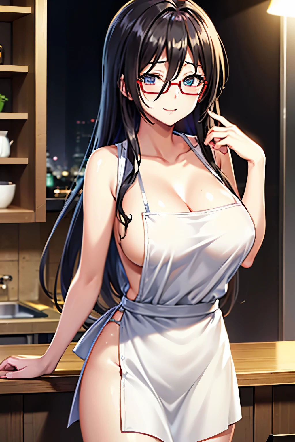 naked apron, Chisato Tsuyagawa, 1 girl, solitary, Glasses, 绿Eye, long hair,Silky skin, full hand, whole body, whole body图片,cleveage,clavicle, 1 girl, 25 years old,Young women,beautiful Finger,beautiful long legs,beautiful body,beautiful Nose,beautiful character design, perfect Eye, perfect Face,expressive Eye,Perfect balance, looking at the audience,(Focus on her Face),shut up, (Innocent_大Target_Eye:1.0),Light_Smile, Official Art,Very detailed CG unity 8k wallpaper, Perfect lighting,rich and colorful, bright_front_Face_Lighting,有Light澤的皮膚, (masterpiece:1.0),(the best_quality:1.0), Ultra-high resolution,4k,Very detailed, photography, 8K, HDR, high resolution, absurd:1.2, Kodak Portrait 400, Film Grain, Blurred background, Bokeh:1.2, 镜头Light晕, (Energetic_color:1.2),Professional photographer, (beautiful,Target_Chest:1.3), (beautiful_Face:1.5),(narrow_waist),Smile, Happy