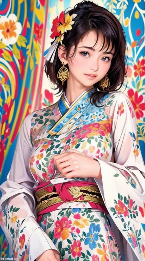 cute、Perfect Anatomy、Picturesque、sketch、texture、solo、Very detailed、(Fractal Art:1.1)、(Gentle colors:1.1)、(Floral:1.6)、Most detailed、(Zentangle:1.2)、(Dynamic pose)、(Abstract background:1.3)、(Glowing Skin)、(Many colors:0.8)、、(Earrings:1.4)、(feather:0.9)、Taisho romance,(masterpiece、highest quality、highest quality、Official Art、Beautiful and aesthetic:1.2)、