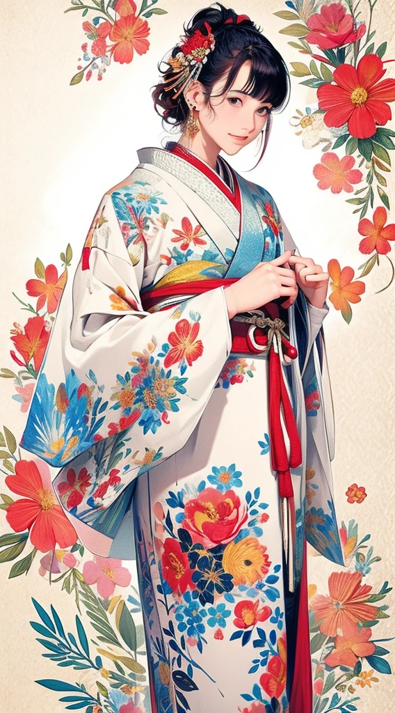 cute、Perfect Anatomy、Picturesque、sketch、texture、solo、Very detailed、(Fractal Art:1.1)、(Gentle colors:1.1)、(Floral:1.6)、Most detailed、(Zentangle:1.2)、(Dynamic pose)、(Abstract background:1.3)、(Glowing Skin)、(Many colors:0.8)、、(Earrings:1.4)、(feather:0.9)、Taisho romance,(masterpiece、highest quality、highest quality、Official Art、Beautiful and aesthetic:1.2)、