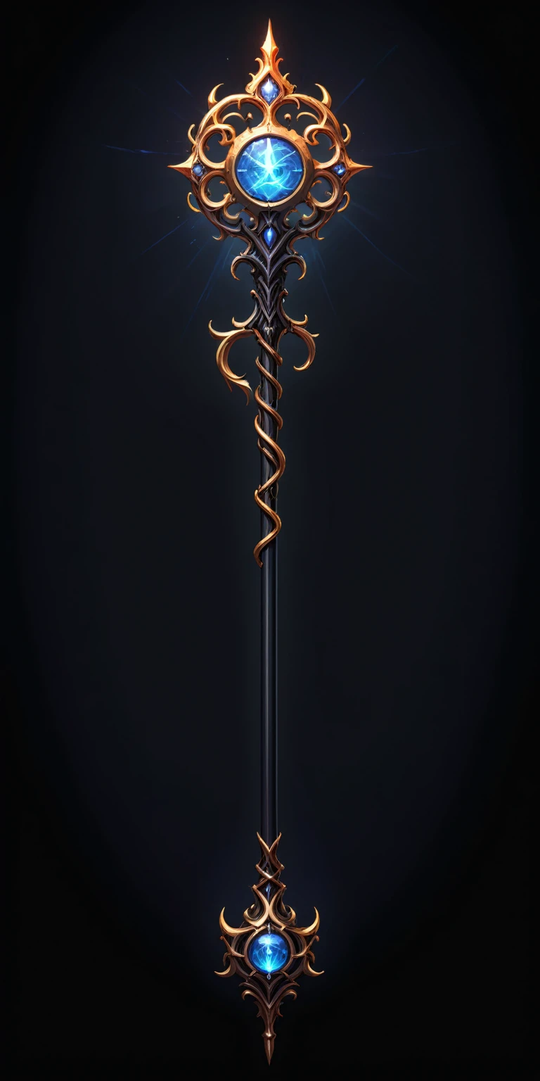pixel art, cartoon illustration, Divine glavie greatstaff, Powerfull Magical theme, simple black background, RPG game icon 
