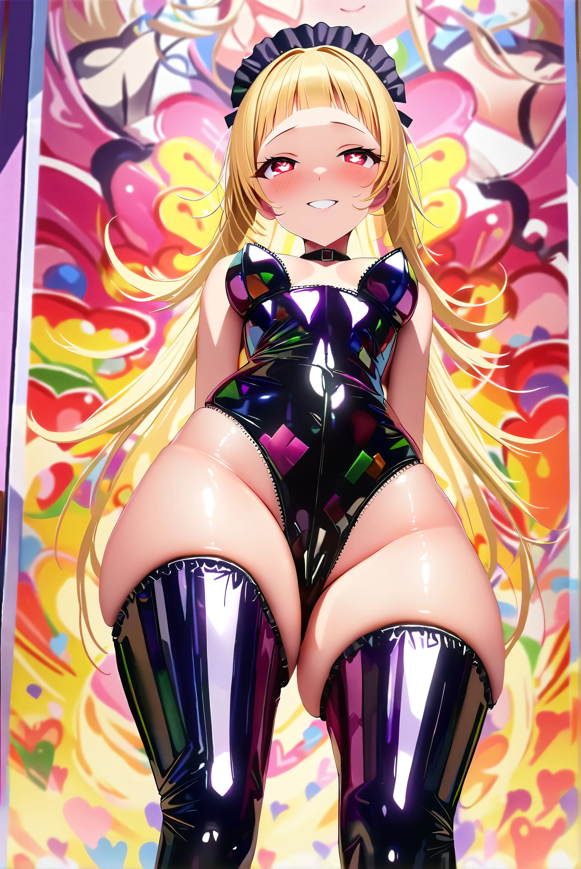 masterpiece, best quality, 1girl,blonde hair,Sui, (finely detailed heart shaped pupils and detailed face),,cowbody shot,lovestruck,extremely detailed picture unity 8k wallpaper,solo,(latex maid costume:0.9),glamour body,seductive smile,latex thighhigh,from below