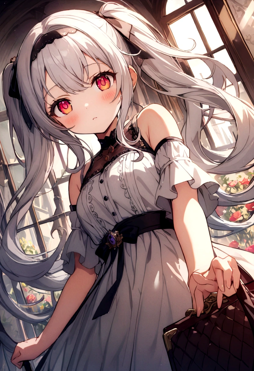 ((masterpiece, best quality))++, Detailed lighting+,  Detailed hair+, Detail hand+ ,1 girl, Miss, Long hair,   Crimson eyes,  beautiful eyes, young white hair,,(Beautiful white hair:1.5),(Beautiful and delicate eyes),  high resolution+,glass tint, Reflective eyes,   {{angle}} , Very detailed wallpaper, The original, ,Sea of Flowers，Air bangs，city road，Double ponytails，Extremely beautiful CG，Girls shopping，Headband，Gray eyelashes
