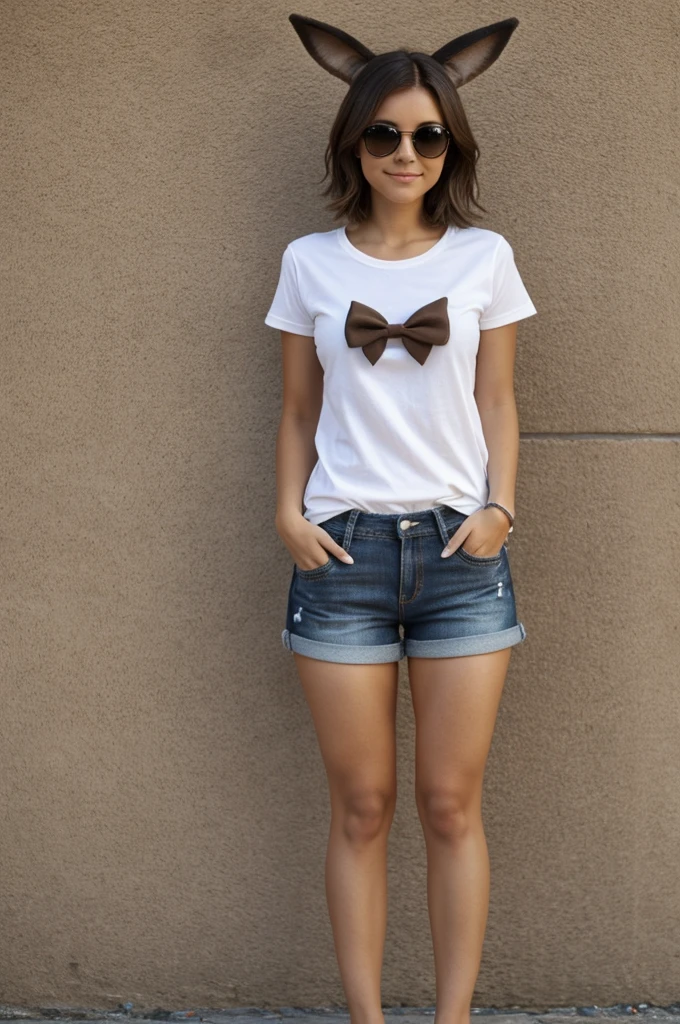 Solo, puntaje_9,puntaje_8_arriba,puntaje_7_arriba, a furry female eevee Pokémon Anthro, Brown eyes, short brown hair, little bow in her hair, cuerpo alto y delgado, vistiendo camiseta negra, gafas nerd, calentadores de brazos negros, Shorts de jean, Medias hasta el muslo negras con los dedos de los pies expuestos., 4 dedos de los pies, pies patas,