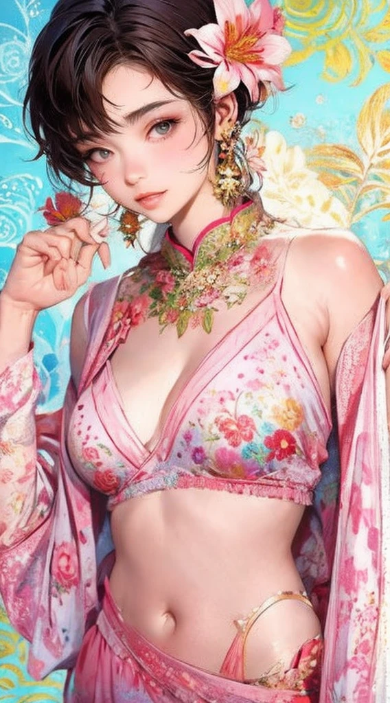 cute、Perfect Anatomy、Picturesque、sketch、texture、solo、Very detailed、(Fractal Art:1.1)、(Gentle colors:1.1)、(Floral:1.6)、Most detailed、(Zentangle:1.2)、(Dynamic pose)、(Abstract background:1.3)、(Glowing Skin)、(Many colors:0.8)、、(Earrings:1.4)、(feather:0.9)、Taisho romance,(masterpiece、highest quality、highest quality、Official Art、Beautiful and aesthetic:1.2)、