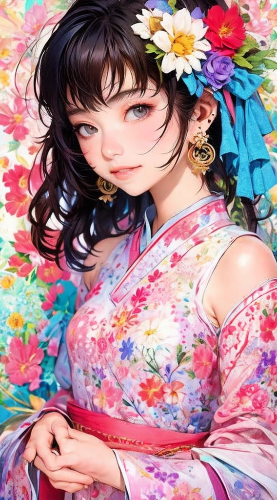 cute、Perfect ???????、Picturesque、sketch、texture、solo、Very detailed、(Fractal Art:1.1)、(Gentle colors:1.1)、(Floral:1.6)、Most detailed、(Zentangle:1.2)、(Dynamic pose)、(Abstract background:1.3)、(Glowing Skin)、(Many colors:0.8)、、(Earrings:1.4)、(feather:0.9)、Taisho romance,(masterpiece、highest quality、highest quality、Official Art、Beautiful and aesthetic:1.2)、