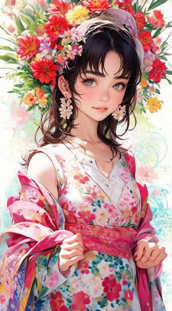 cute、Perfect Anatomy、Picturesque、sketch、texture、solo、Very detailed、(Fractal Art:1.1)、(Gentle colors:1.1)、(Floral:1.6)、Most detailed、(Zentangle:1.2)、(Dynamic pose)、(Abstract background:1.3)、(Glowing Skin)、(Many colors:0.8)、、(Earrings:1.4)、(feather:0.9)、Taisho romance,(masterpiece、highest quality、highest quality、Official Art、Beautiful and aesthetic:1.2)、