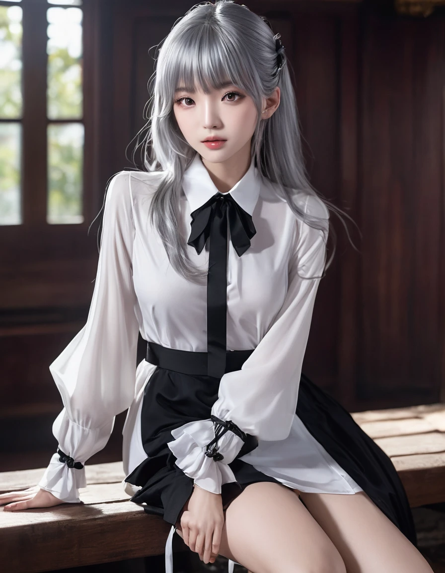 A beautiful woman around 25 years old, with 400-fold silver long hair that reaches down to the knees, a black ribbon tied next to the ear, hair that is neck-length on the sides, beautiful white skin, natural bangs, thin silver eyebrows, red eye in the right eye, a silver three-prong necklace, blue eye in the left eye, a glamorous figure, a blouse with a white collar, a black maid outfit that is open to the chest and has black short sleeves and three tiers of frills that reach the knees, three black ribbons vertically on the maid outfit, black arm covers, white stripes 5cm apart horizontally on the arm covers, the skin on the arms can be seen through the gaps, black long boots that reach up to the knees, two gold lines around the calves of the boots, the style of the demon lord Luminas from That Time I Got Reincarnated as a Slime, high definition, 8k image, background is inside an ice castle, please create an AI image prompt in English within 500 characters.