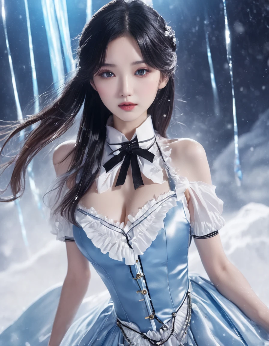A beautiful woman around 25 years old, with 400-fold silver long hair that reaches down to the knees, a black ribbon tied next to the ear, hair that is neck-length on the sides, beautiful white skin, natural bangs, thin silver eyebrows, red eye in the right eye, a silver three-prong necklace, blue eye in the left eye, a glamorous figure, a blouse with a white collar, a black maid outfit that is open to the chest and has black short sleeves and three tiers of frills that reach the knees, three black ribbons vertically on the maid outfit, black arm covers, white stripes 5cm apart horizontally on the arm covers, the skin on the arms can be seen through the gaps, black long boots that reach up to the knees, two gold lines around the calves of the boots, the style of the demon lord Luminas from That Time I Got Reincarnated as a Slime, high definition, 8k image, background is inside an ice castle, please create an AI image prompt in English within 500 characters.