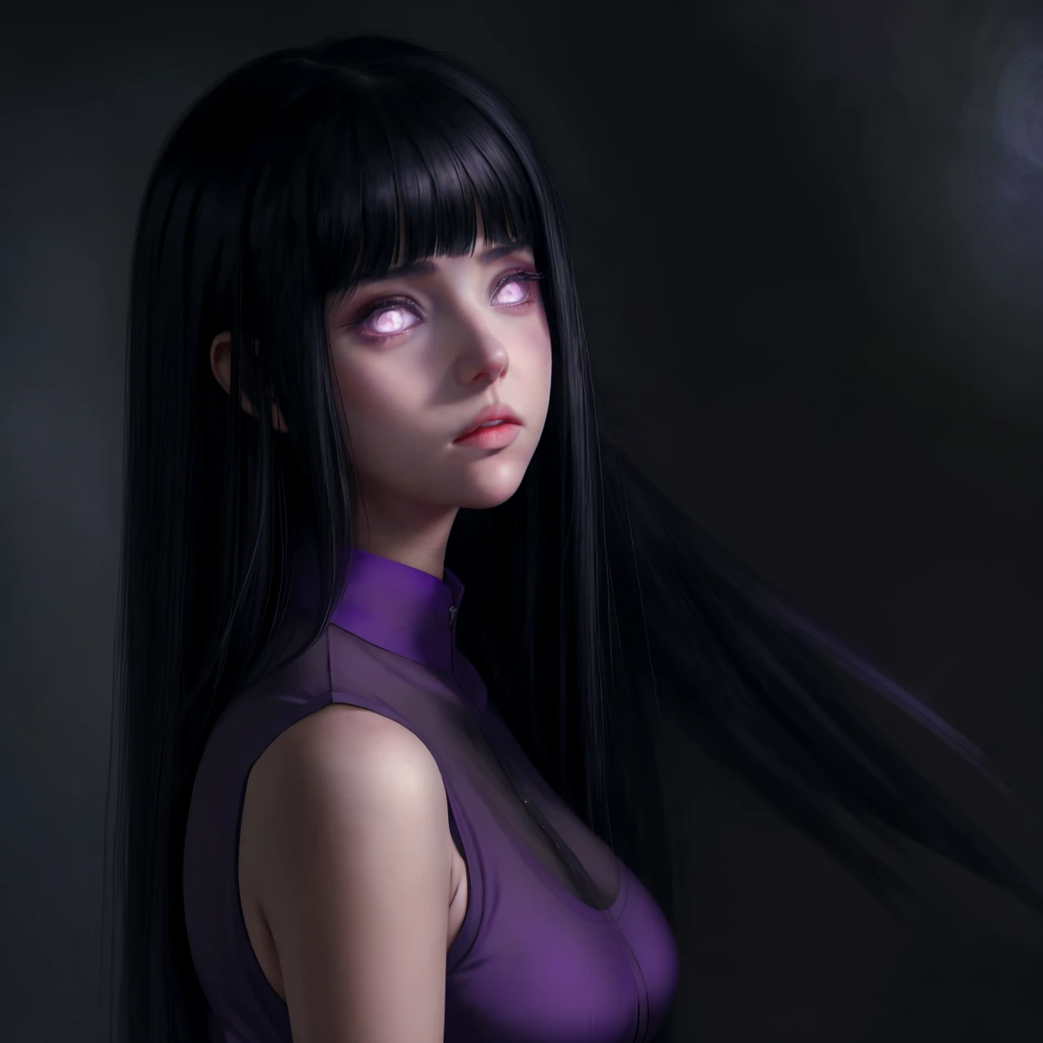 1girl, adult, hinata hyuga, the last, shy girl, long black hair, blunt bangs, dark hair, voluminous hair, lavender eyes, no pupi...