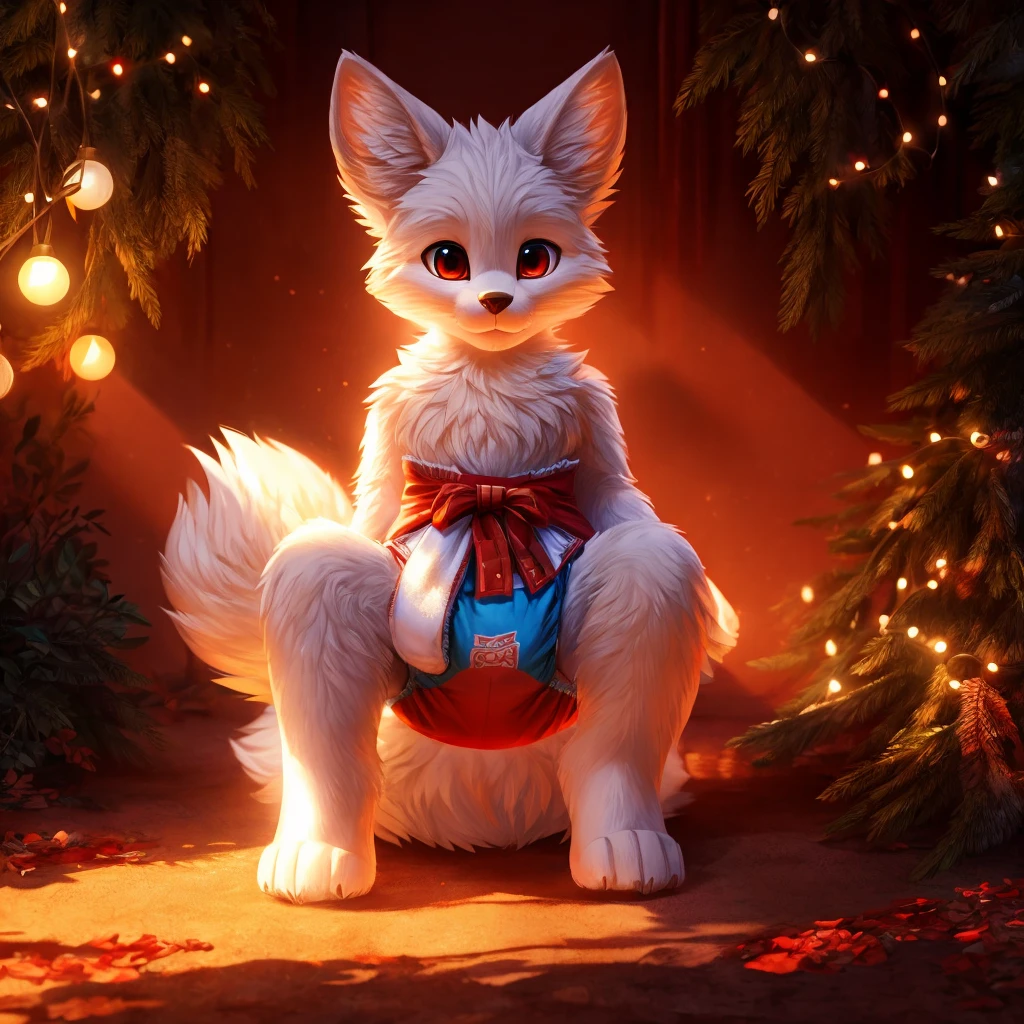 furry, white fur, ultra cute face, red elements on fur, glowing t-shrt, beautiful lights and shadows, ambient light, ultra detailed fur, volumetric light, diaper