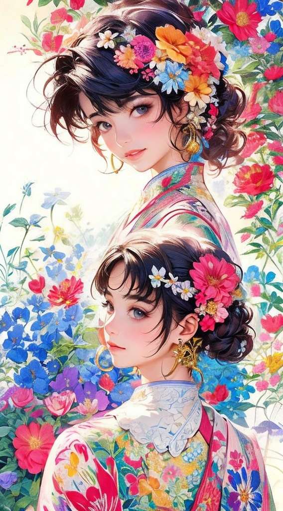 cute、Perfect ???????、Picturesque、sketch、texture、solo、Very detailed、(Fractal Art:1.1)、(Gentle colors:1.1)、(Floral:1.6)、Most detailed、(Zentangle:1.2)、(Dynamic pose)、(Abstract background:1.3)、(Glowing Skin)、(Many colors:0.8)、、(Earrings:1.4)、(feather:0.9)、Taisho romance,(masterpiece、highest quality、highest quality、Official Art、Beautiful and aesthetic:1.2)、