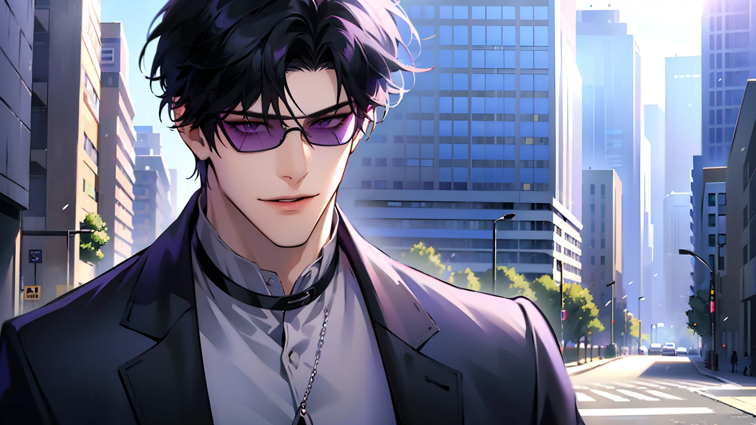 (masterpiece, 4k, high quality:1.3), 1boy, solo, short hair, black hair, asymmetrical fringe, purple eyes, handsome, sharp eyes, (mature male, mature:1.2), male focus, fashionable, tucked in open purple collared shirt, necklace, close up, smile, city, street, sunshine, ((sunglasses)), windy