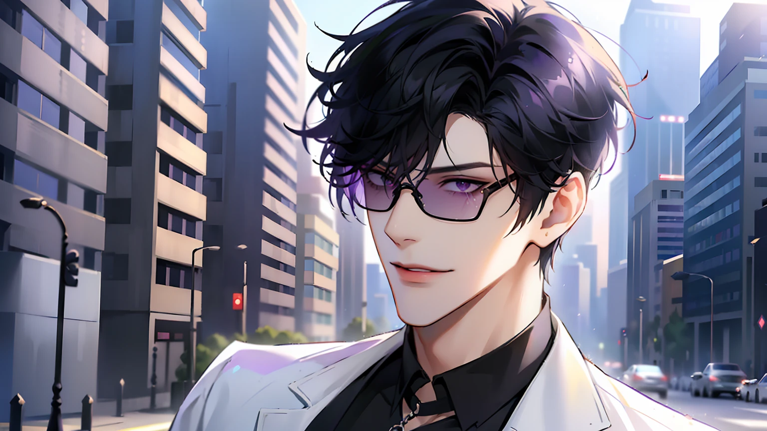 (masterpiece, 4k, high quality:1.3), 1boy, solo, short hair, black hair, asymmetrical fringe, purple eyes, handsome, sharp eyes, (mature male, mature:1.2), male focus, fashionable, tucked in open purple collared shirt, necklace, close up, smile, city, street, sunshine, ((sunglasses)), windy
