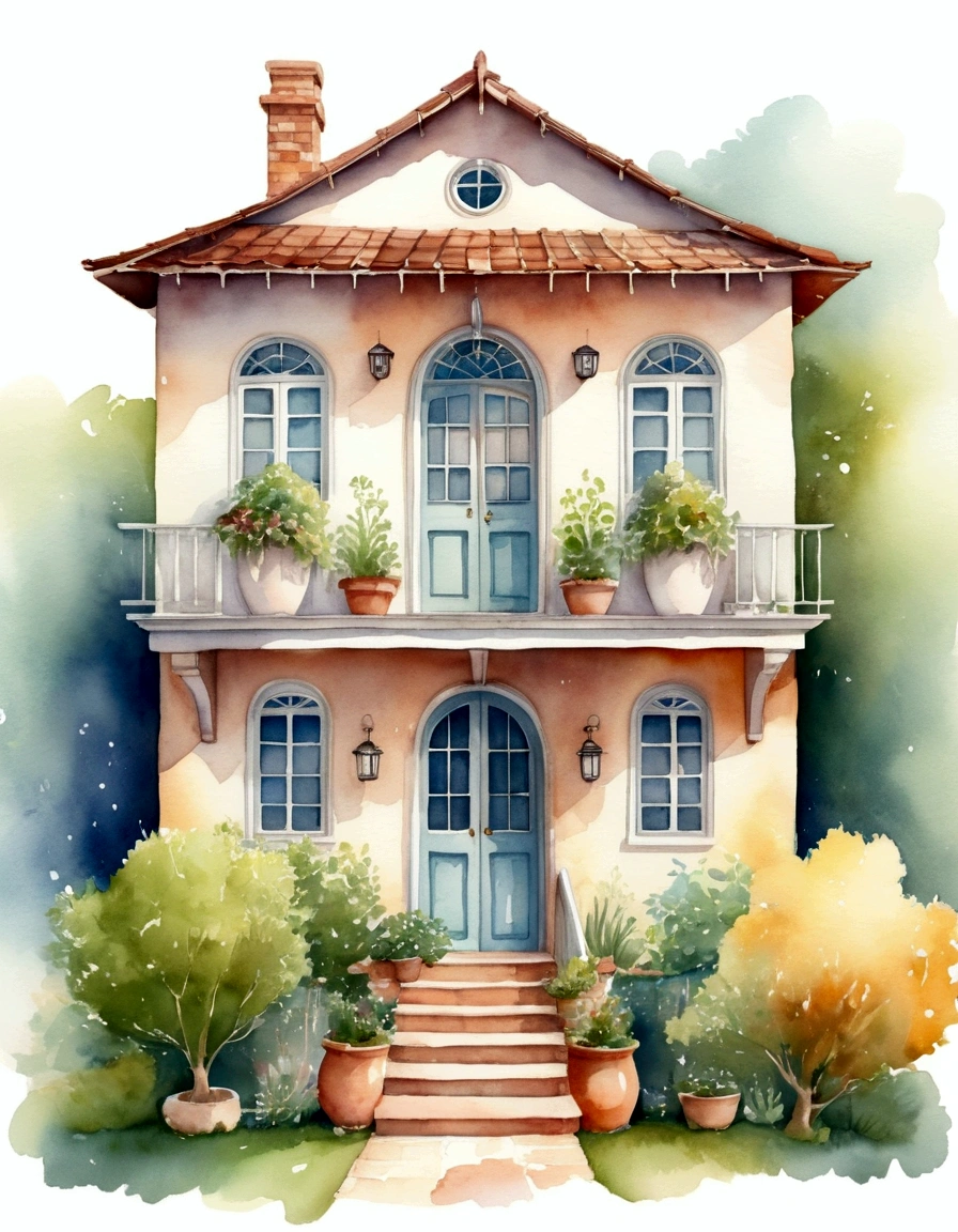 A soft and light illustration of a house with open doors and people inside, symbolizing welcome and community. Watercolor Illustration style