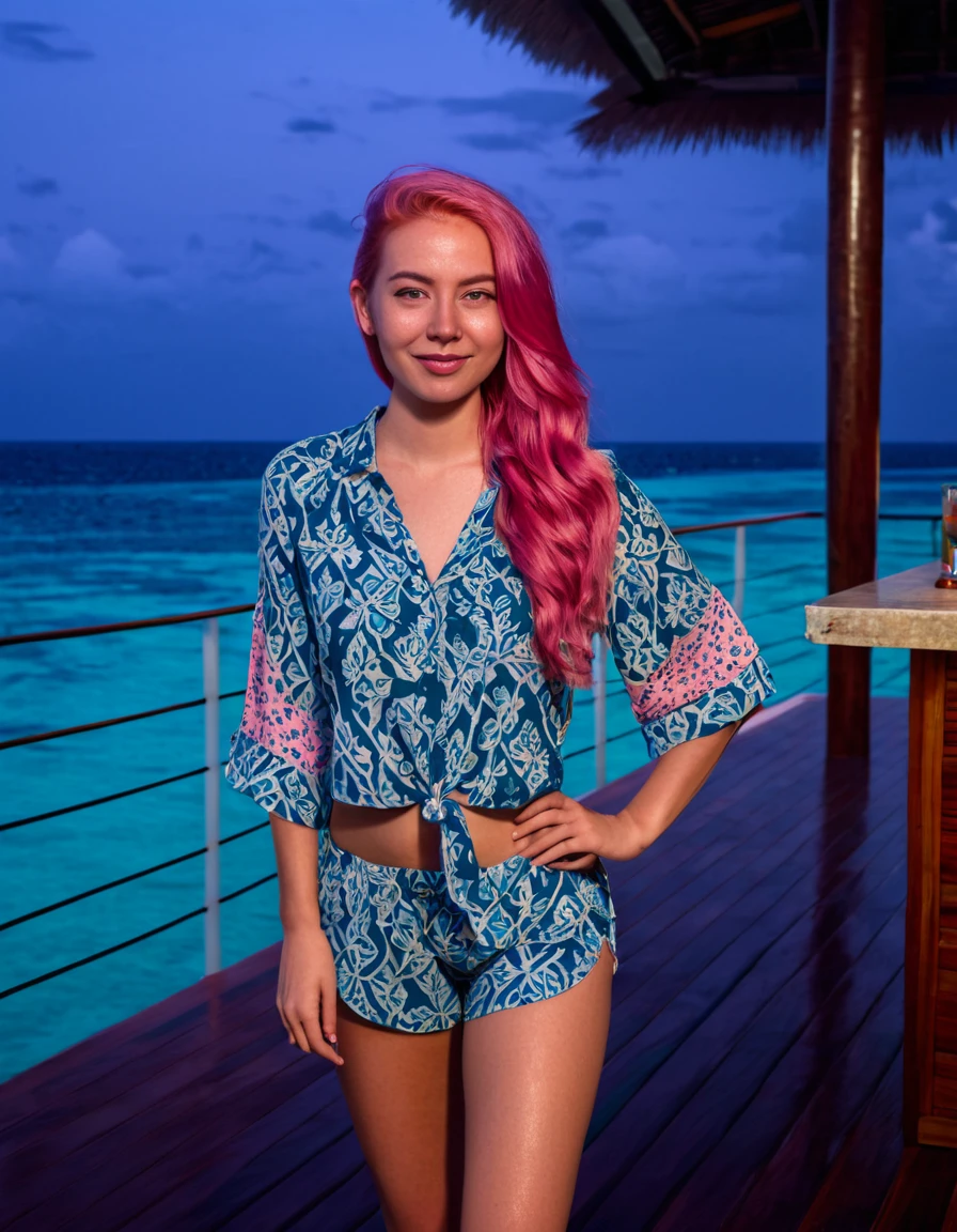 photorealistic, Best quality, hyper-detailed, beautiful latina woman, long pink hair,windy hair, portrait portrait photo, upper body, at maldives sea cafe, cafe , night time shot, wearing wearing a Tankini bikini floral patter , Snapchat photo style, Instagram analog style, looking away, backside shot, skin texture, film grain, ultra high resolution, shadow best, RAW, Instagram ,long pink hair, windy hair, soft smile, Maldives Sea Cafewide angle shot,night time, full body photo
