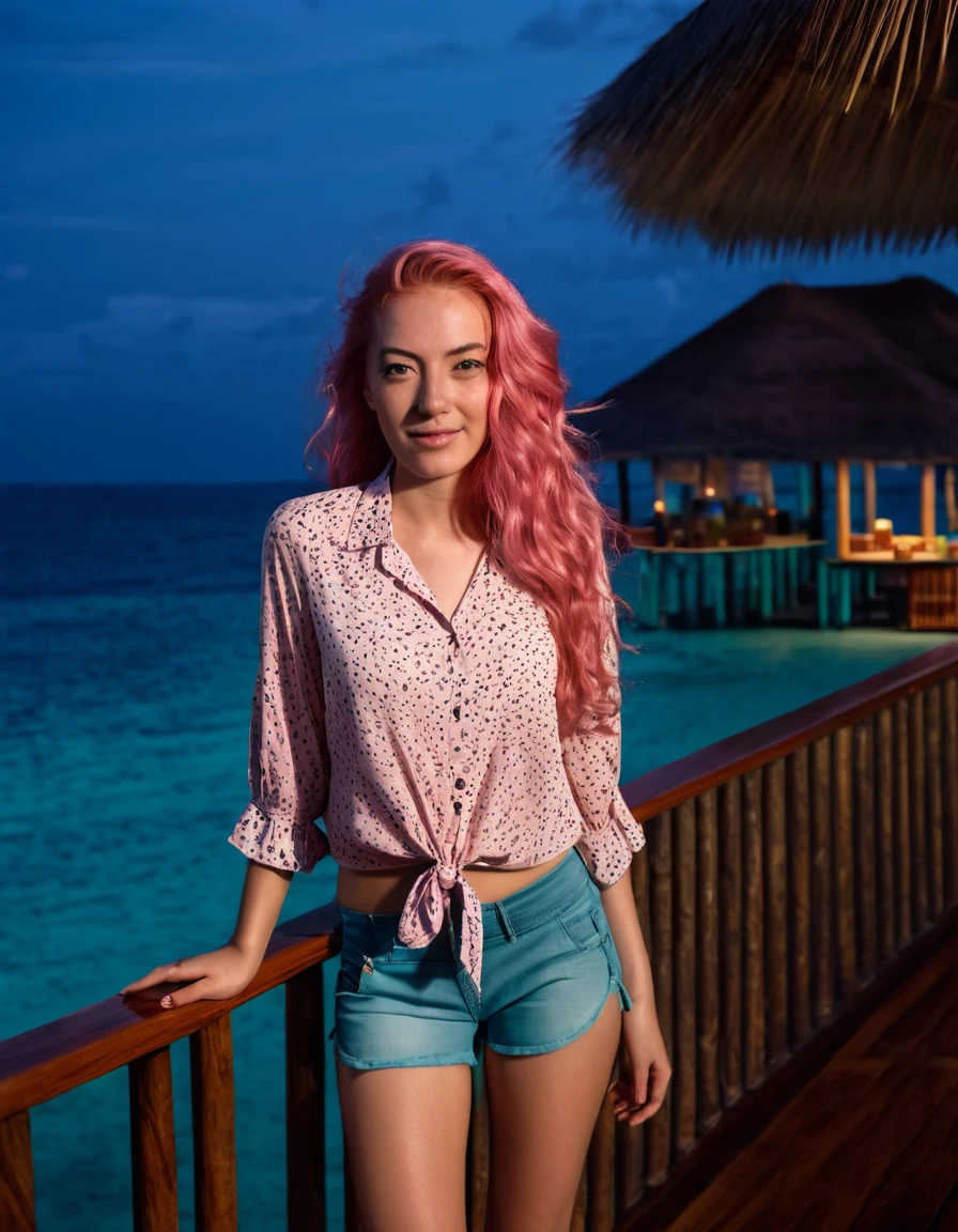 photorealistic, Best quality, hyper-detailed, beautiful latina woman, long pink hair, windy hair, portrait portrait photo, full body, at Maldives Sea, cafe, cafe, night time shot, wearing a vacation blouse and shorts of same color, Snapchat photo style, Instagram analog style, looking away, backside shot, skin texture, film grain, ultra-high resolution, shadow best, RAW, Instagram,long pink hair, windy hair, soft smile, Maldives Sea Cafewide angle shot, night time, full body photo