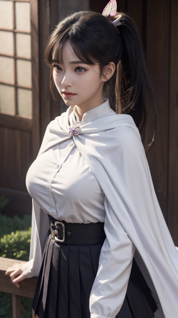 Top quality, 8k, 32k, Masterpiece, photorealistic, realistic, (photorealistic:1,4), solo, slight smile, dramatic lighting, professional makeup, breasts, (natural big breasts: 1.3), (seductive), beautiful white face shining, beautiful face, pink cheeks, beautiful lips, porcelain skin, detail intricate, super detailed, super high, highest detailed, high detailed, delicate, incredible detailed, fine detailed, cinematic lighting, top quality, smooth and beautiful, CG, unity, 8k wallpaper, Stunning, fine detail, unity CG wallpaper 8k ultra-detailed, large file size, ultra-detailed, high resolution, incredible detail, stunning detail, depth of field, kanaotsuyuri, kanao tsuyuri, black hair, butterfly, butterfly hair ornament, (purple eyes:1.1), side ponytail, ponytail,
BREAK black skirt, cape, demon slayer uniform, long sleeves, pleated skirt, skirt, white cape,
BREAK looking at viewer,