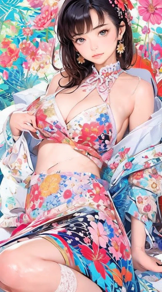 cute、Perfect Anatomy、Picturesque、sketch、texture、solo、Very detailed、(Fractal Art:1.1)、(Gentle colors:1.1)、(Floral:1.6)、Most detailed、(Zentangle:1.2)、(Dynamic pose)、(Abstract background:1.3)、(Glowing Skin)、(Many colors:0.8)、、(Earrings:1.4)、(feather:0.9)、Taisho romance,(masterpiece、highest quality、highest quality、Official Art、Beautiful and aesthetic:1.2)、