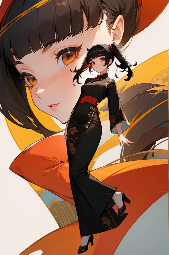 girl,full body,(detailed face:1.2), masterpiece, fashion,chinese dress,, medium hair, black hair, twintails, blunt bangs, brown eyes,
