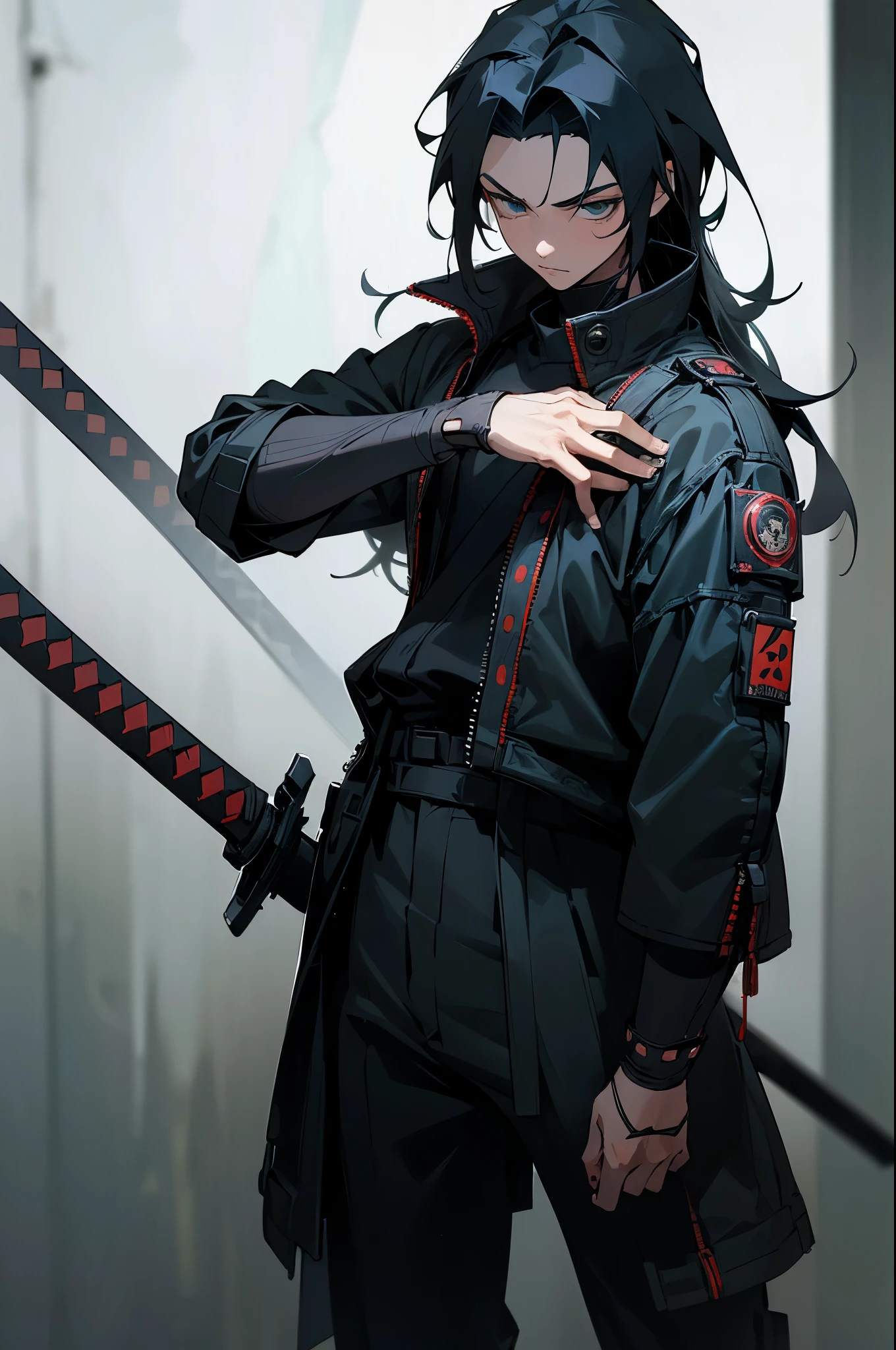 (ultra-detailed, realistic, best quality:1.2), 1boy with long spiky hair wearing samurai hand armor, jacket, and bomber in a modern cybercrime setting. The boy holds a katana in his hand and stands against a void background. The scene is set in a futuristic sci-fi environment with edgy colors and dramatic lighting.