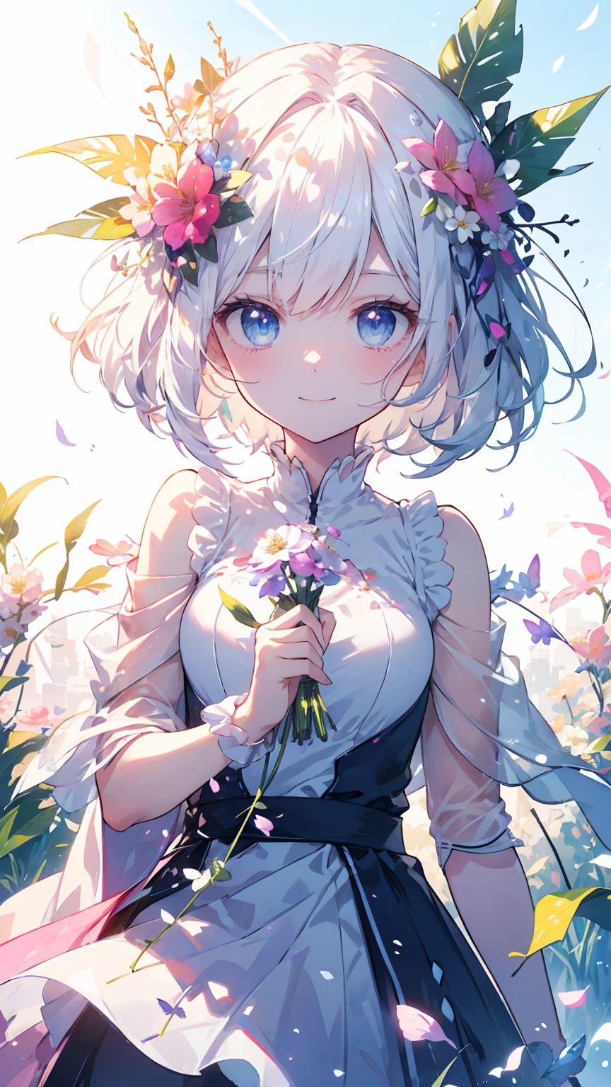 (masterpiece、highest quality) 、 anime girl with blue eyes and white hair, in a field with a lot of butterfly、Adorable smile、looking at the camera、put flowers and leaves on your head、digitalis, best anime 4k konachan wallpaper, top rated on pixiv
