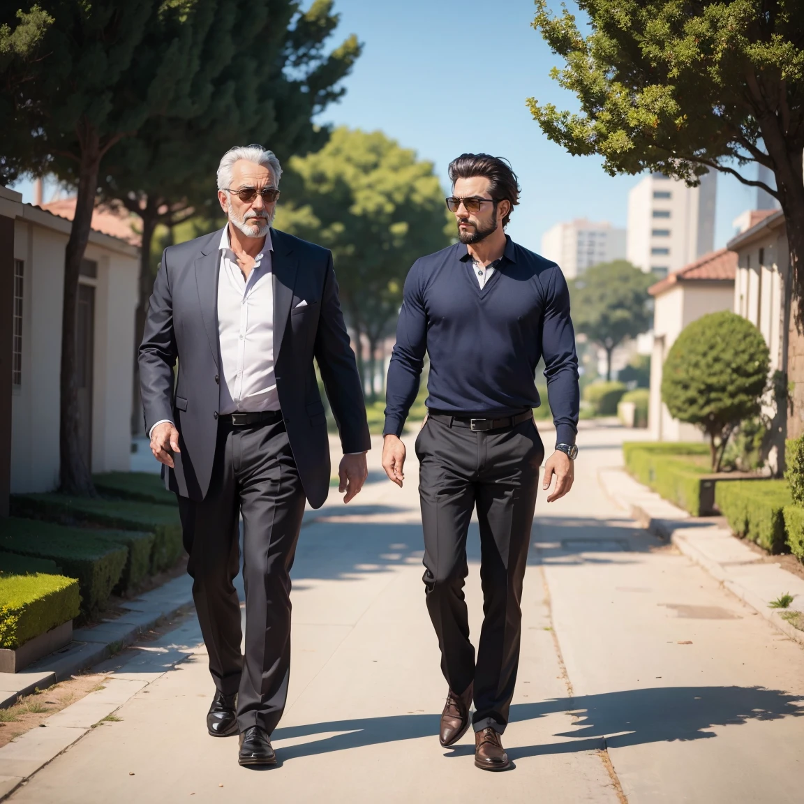 A father and son walking in a park in the day, obra maestra, la mejor calidad, anatomically correct, estilo anime, super detallado, altamente detallado