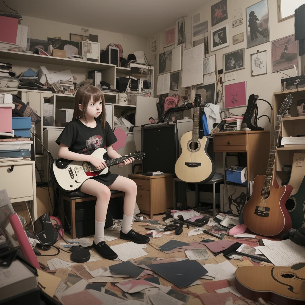 A solitary girl named Bocchi is in a cluttered room, strumming her guitar alone.